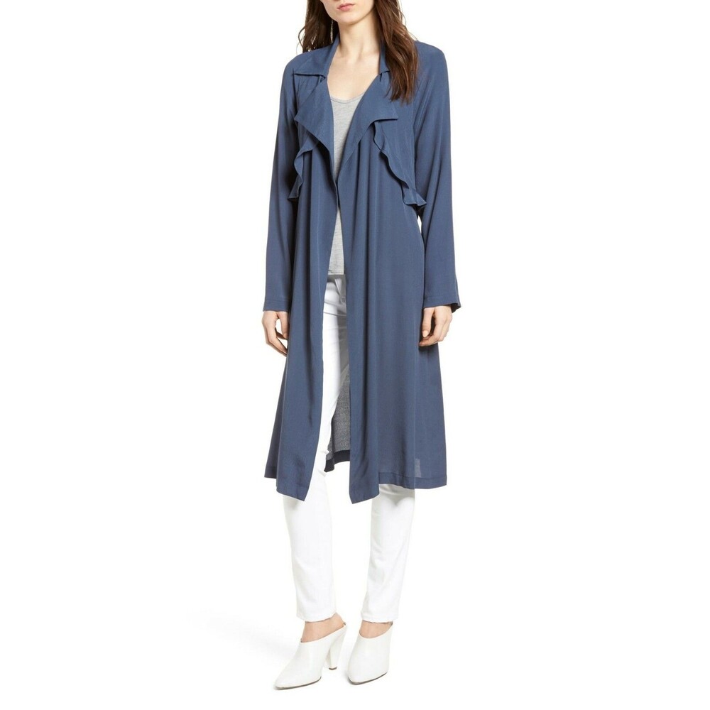 NWT Trouve Ruffle Drape Front Belted Duster Jacket Trench Coat Women's M Blue